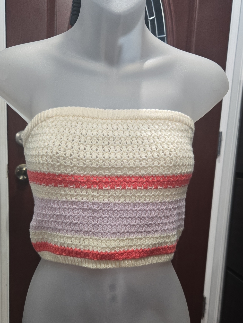 American Eagle Outfitters Cream Crochet Tube Top w/ Coral & Lavender Stripes, M